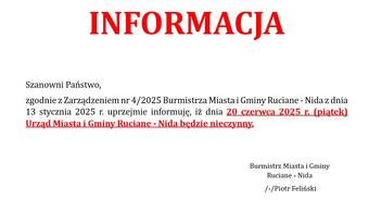 WAŻNA INFORMACJA - 20 czerwca 2025 r. dniem wolnym od pracy